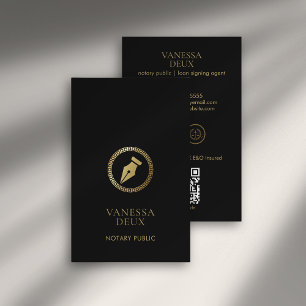 Modernes Black & Gold Notary Pen QR Logo Elegant Visitenkarte