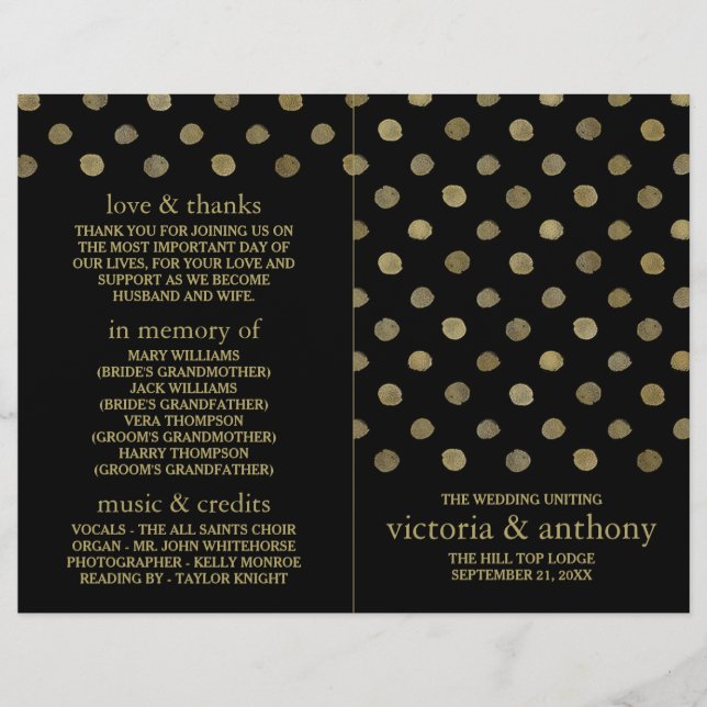 Modernes Black & Gold Polka Dots Hochzeitsprogramm (Vorderseite)