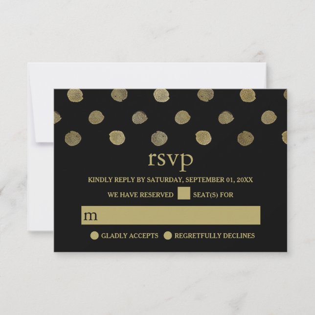 Modernes Black & Gold Polka Dots Wedding RSVP (Vorderseite)