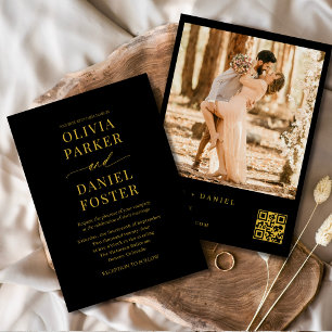Modernes Black Gold QR Code Foto Elegante Hochzeit Einladung