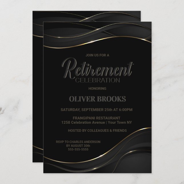 Modernes Black Gold Rentirement Celebration Einladung (Vorne/Hinten)