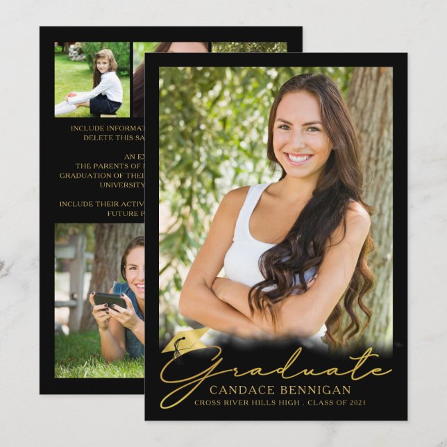 Modernes Black Gold Script 5 Foto Abschluss Ankündigung (Vorne/Hinten)