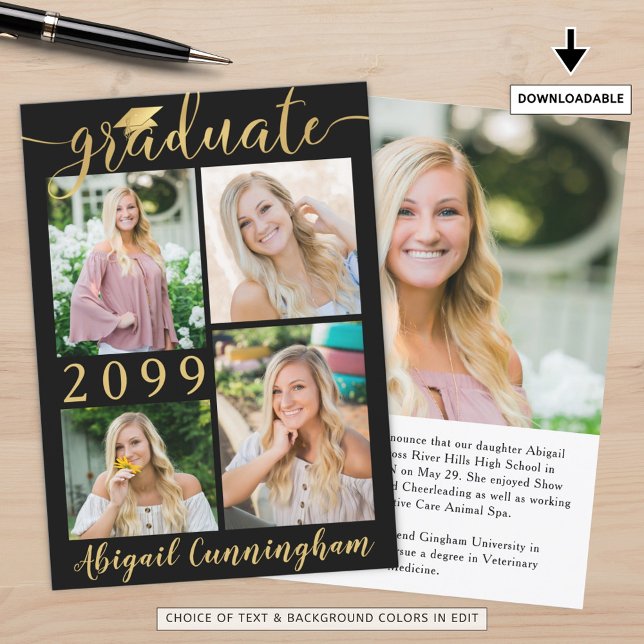 Modernes Black Gold Script 5 Foto Graduate Ankündigung (Von Creator hochgeladen)