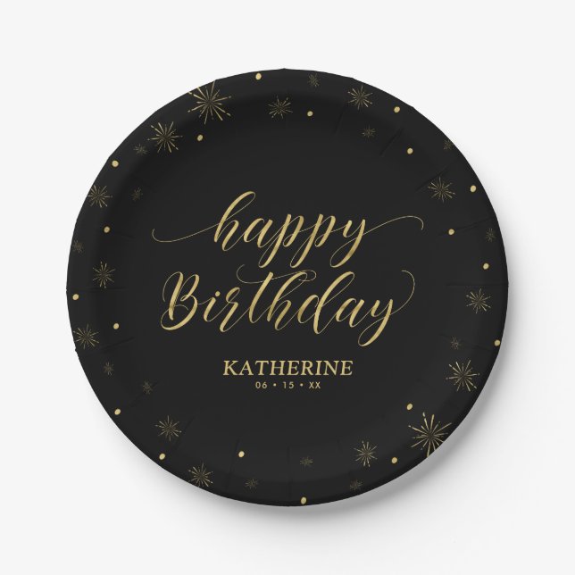 Modernes Black & Gold Sparkle Happy Birthday Party Pappteller (Vorderseite)