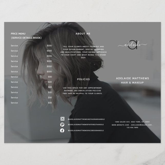 Modernes Black Hair Salon Preisliste Menü (Vorderseite)