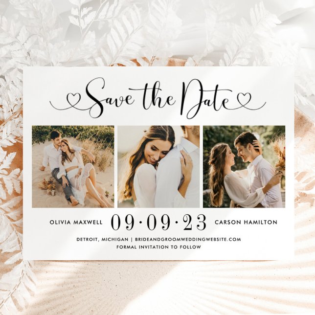 Modernes Black Heart Script 3 Foto Wedding Collage Save The Date (Von Creator hochgeladen)