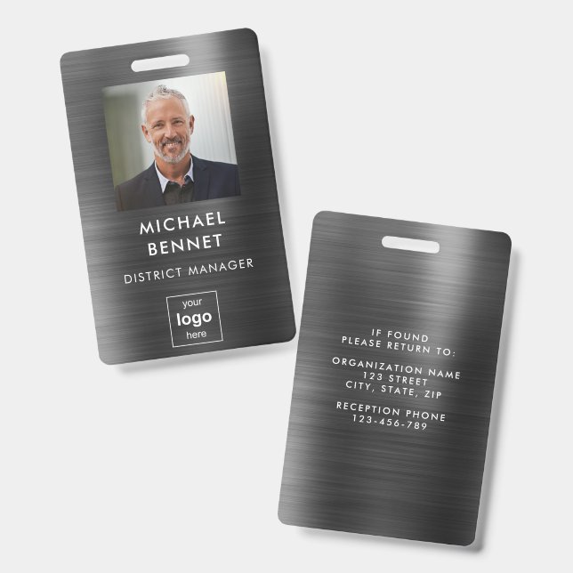 Modernes Black Metal Mitarbeiter Foto ID Ausweis (Vorder- & Rückseite)