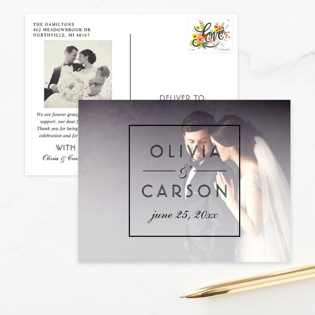 Modernes Black Monogram Wedding Foto Vielen Dank Postkarte (Von Creator hochgeladen)