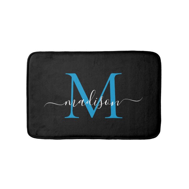 Modernes Black Ocean Blue Monogram Script Elegant Badematte (Vorderseite)