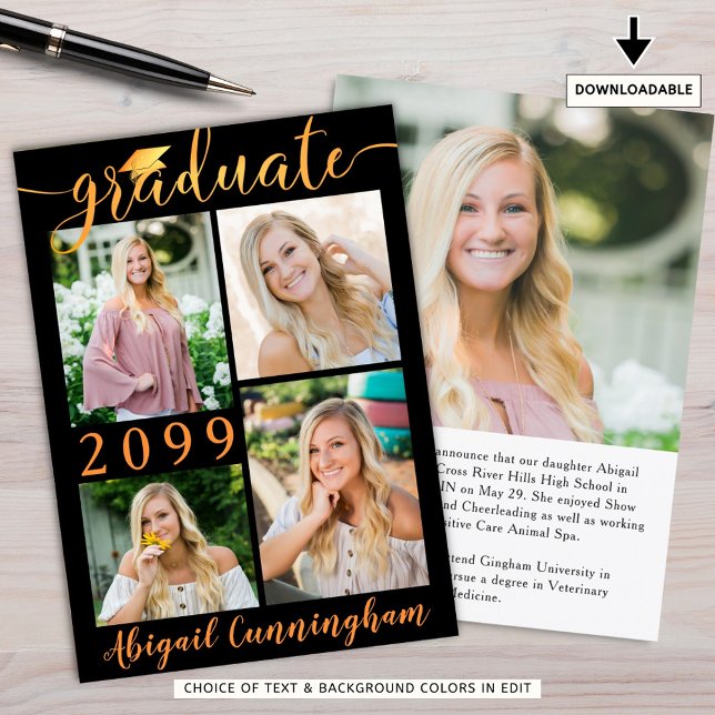 Modernes Black Orange Script 5 Foto Graduate Ankündigung (Von Creator hochgeladen)