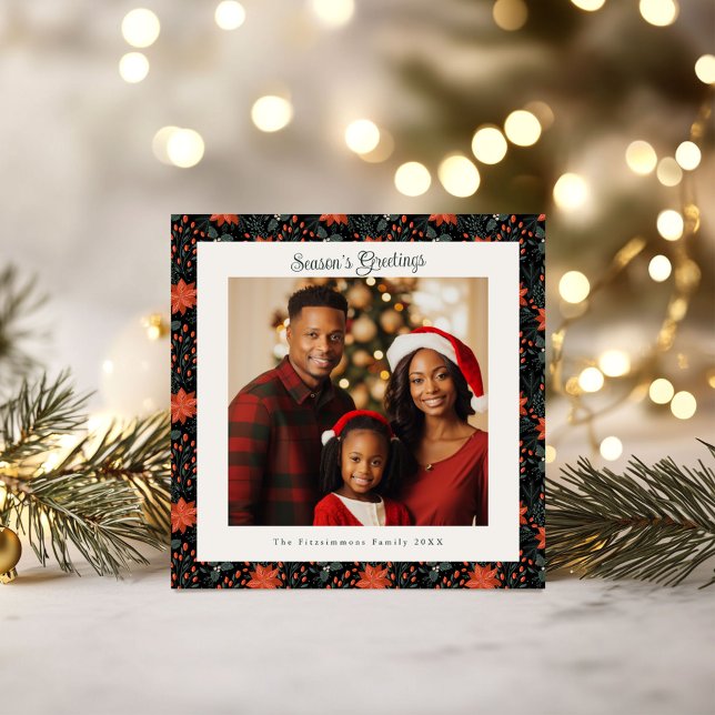 Modernes Black Poinsettia Foto Weihnachten Karte (Poinsettia Season Square Christmas Card black)