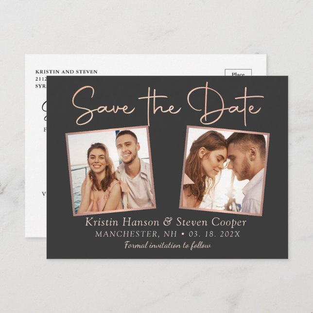 Modernes Black Rose Gold 2 Foto Save the Date Postkarte (Vorne/Hinten)