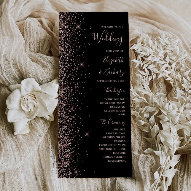 Modernes Black Rose Gold Glitzer Hochzeitsprogramm (Von Creator hochgeladen)