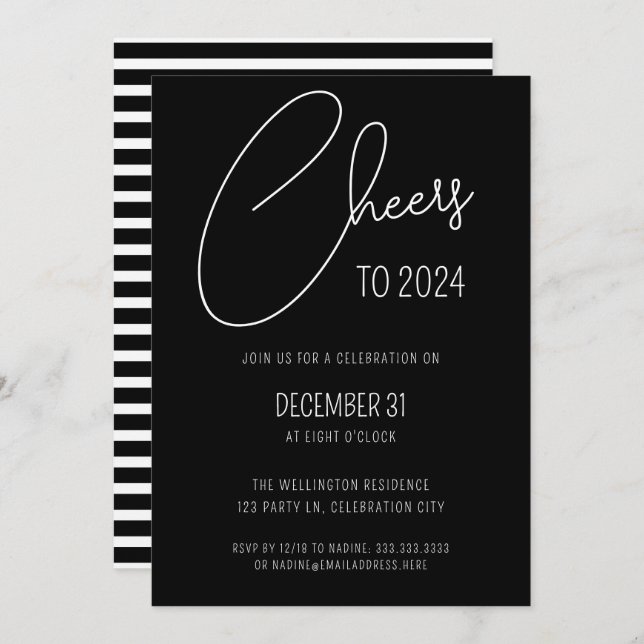 Modernes Black Script Cheers Silvester Party Einladung (Vorne/Hinten)
