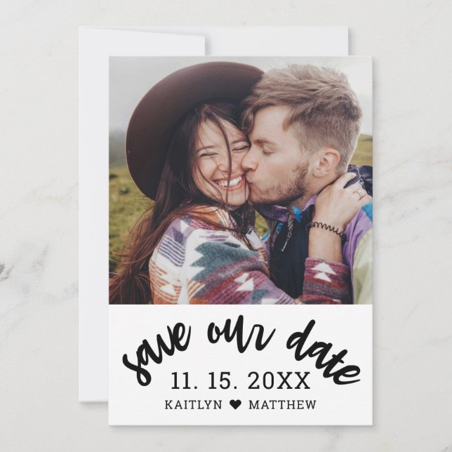 Modernes Black Script-Foto Minimalistisch Wedding Save The Date (Vorderseite)