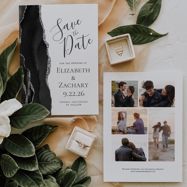 Modernes Black Silver Agate 5-Foto Save the Date (Von Creator hochgeladen)