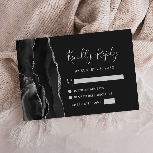 Modernes Black Silver Agate Wedding RSVP Karte (Von Creator hochgeladen)