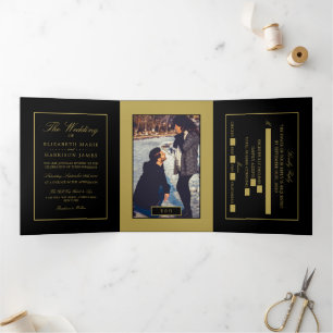 Modernes Black & Soft Gold, Hochzeitssuite Dreifach Gefaltete Einladung