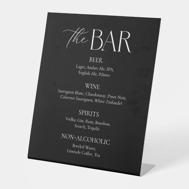 Modernes Black Wedding Bar Menu Sockelschild (Vorderseite)