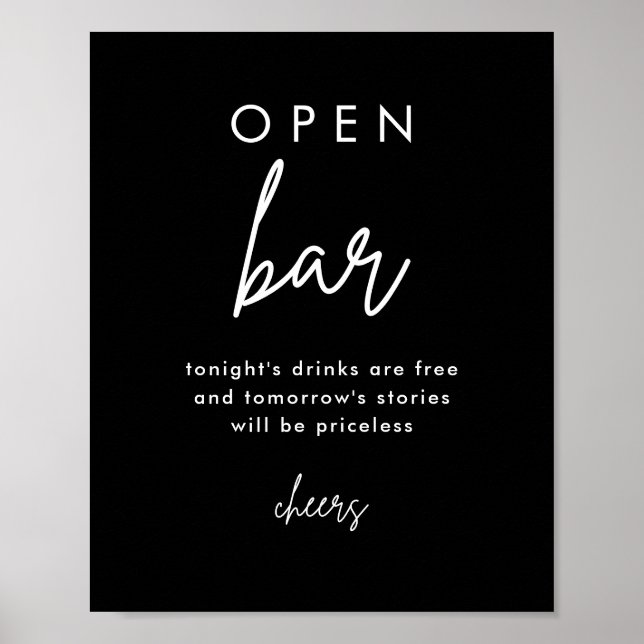 Modernes Black Wedding Open Bar Table Sign Poster (Vorne)