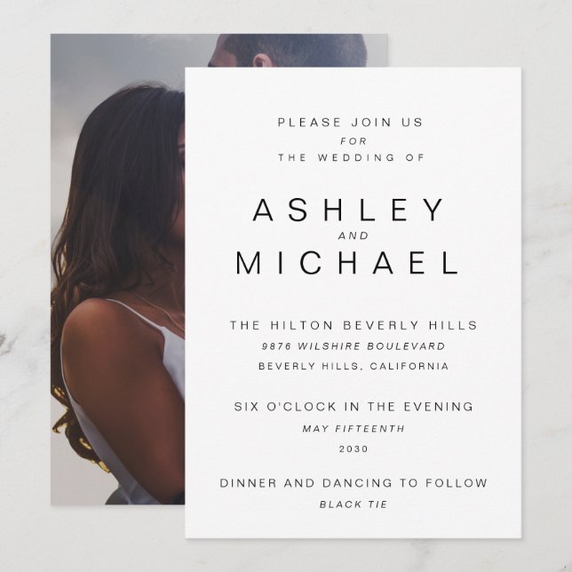 MODERNES BLACK & WHITE Einfaches Foto Hochzeit Einladung (Vorne/Hinten)