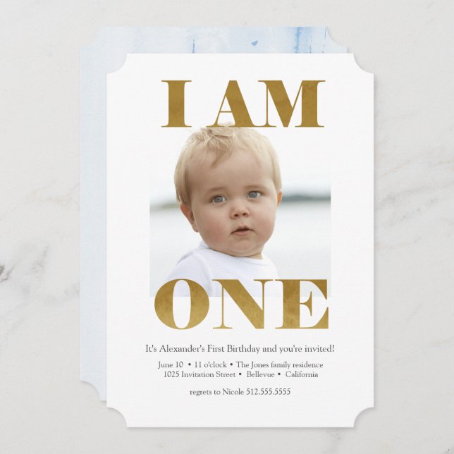 Modernes Blassblau + Gold 1. Geburtstag Einladunge Einladung (Vorne/Hinten)