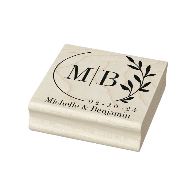 Modernes Blatt Monogramm mit Datum und Name Gummistempel (Stempel)
