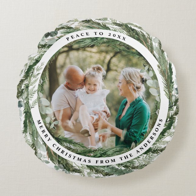 Modernes Blattwerk elegant Eukalyptus Weihnachten Rundes Kissen (Vorderseite)