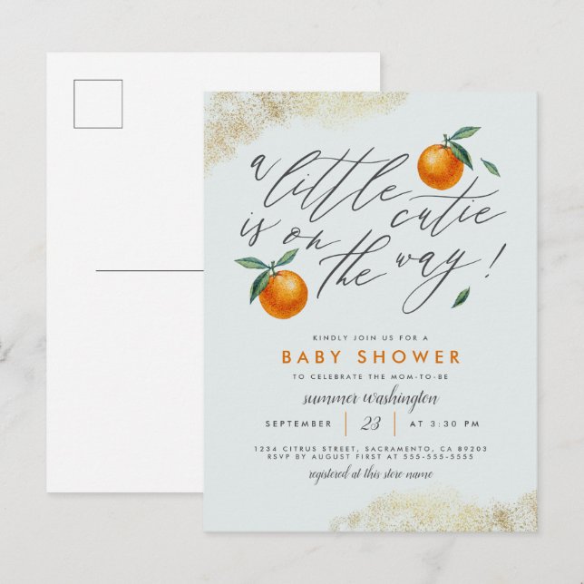 Modernes Blau eine kleine Süsse Orange Baby Dusche Einladungspostkarte (Vorne/Hinten)