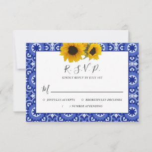 Modernes Blau Elegante Vintage Sonnenblumenhochzei RSVP Karte
