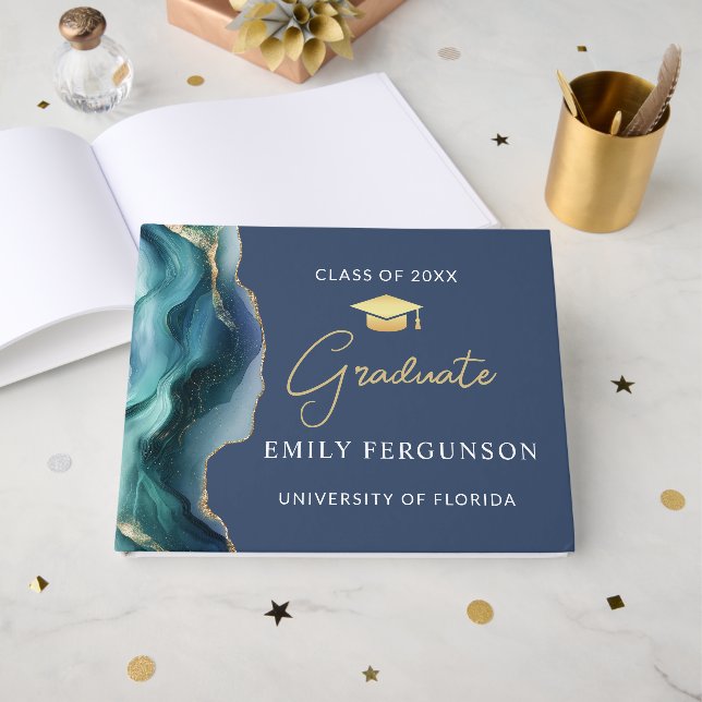 Modernes Blau-Gold-Abschlussgeschenk Gästebuch (Vorderseite Offen)