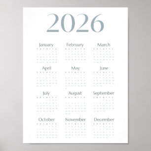 Modernes Blau-Grau 2026 Kalender Einfach Ein-Seite Poster