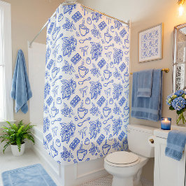Modernes Blau-Toile-Kakao- und Schokoladenmuster Duschvorhang
