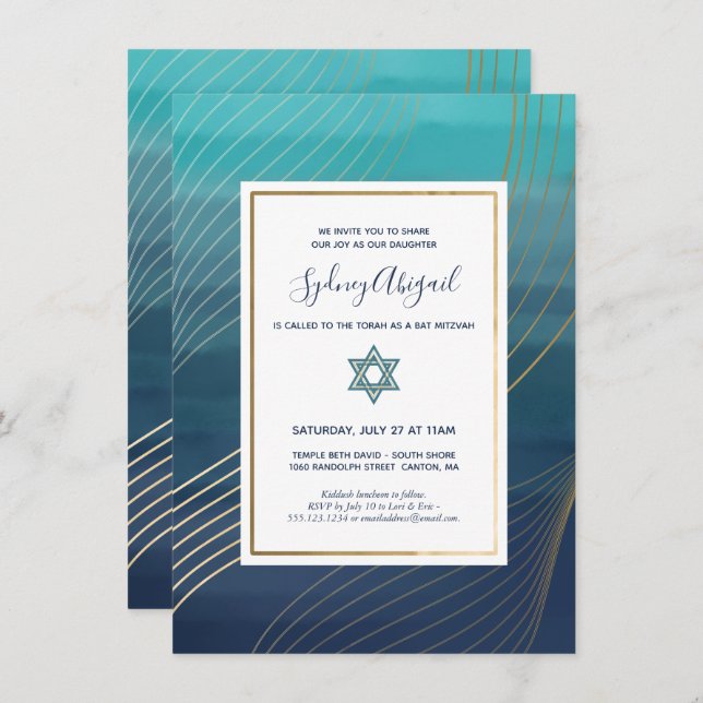 Modernes Blau und Gold Bat Mitzvah oder Bar Mitzva Einladung (Vorne/Hinten)