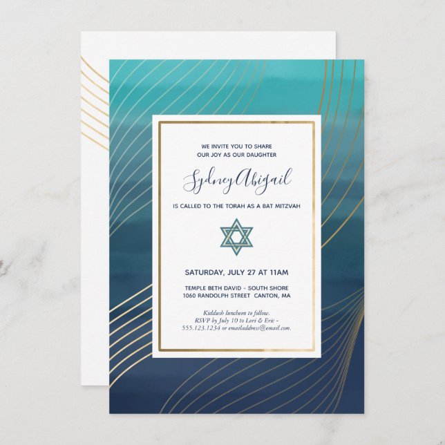 Modernes Blau und Gold Bat Mitzvah oder Bar Mitzva Einladung (Vorne/Hinten)