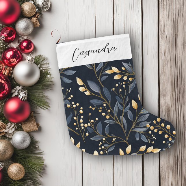 Modernes Blau und Gold Weihnachtsleaf Großer Weihnachtsstrumpf (Blue & Gold Leaves Christmas Stocking)