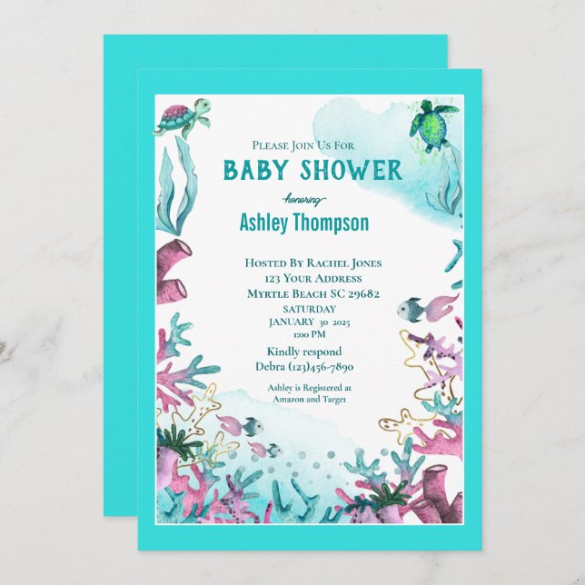 Modernes Blau unter der Sea Baby-Dusche Einladung (Vorne/Hinten)