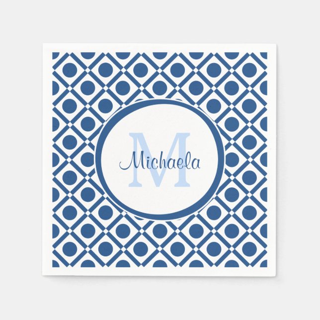 Modernes, blau-weiß geometrisches Monogramm mit Na Serviette (Vorderseite)