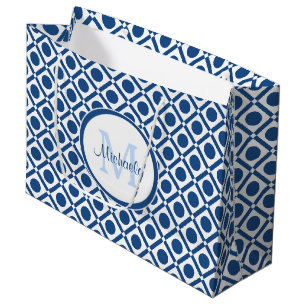 Modernes blau-weißes geometrisches Monogramm mit N Große Geschenktüte
