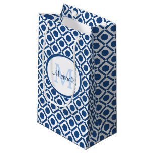 Modernes blau-weißes geometrisches Monogramm mit N Kleine Geschenktüte