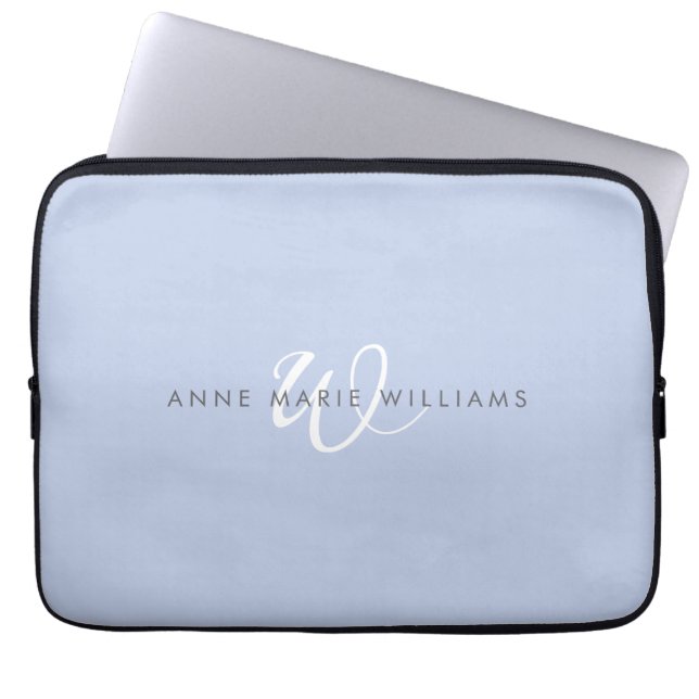 Modernes blau-weißes Schriftmonogramm Laptopschutzhülle (Vorderseite)
