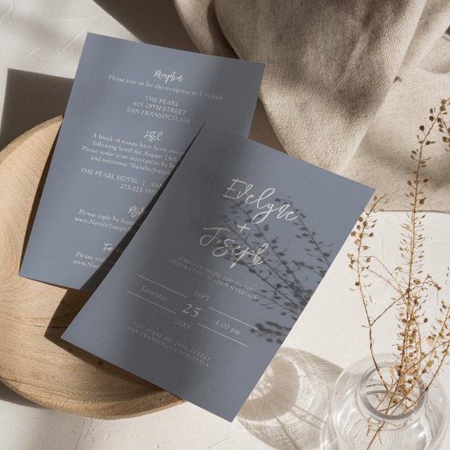 Modernes, blauer Boho-Chic in einer Hochzeit Einladung (Von Creator hochgeladen)