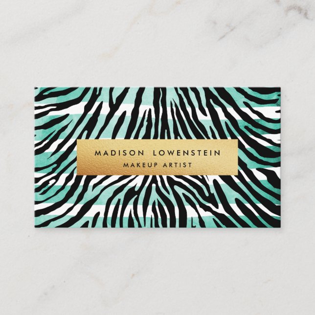 Modernes blaues Aquarell Stripes Zebra-Muster-Gold Visitenkarte (Vorderseite)
