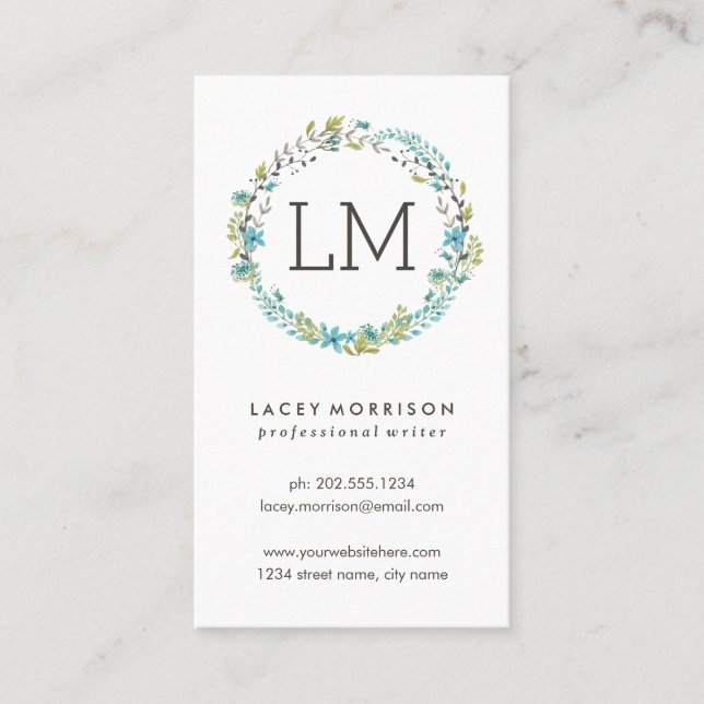 Modernes blaues Blumen Blumewreath-| Visitenkarte (Vorderseite)