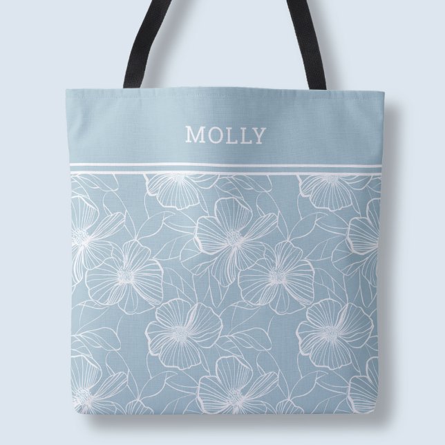 Modernes blaues Blumenmuster Eleganter Individuell (Modern Blue Floral Pattern Elegant Custom Name Tote Bag)