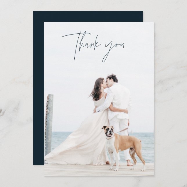 Modernes blaues Foto Hochzeit Dankeschön Karten (Vorne/Hinten)