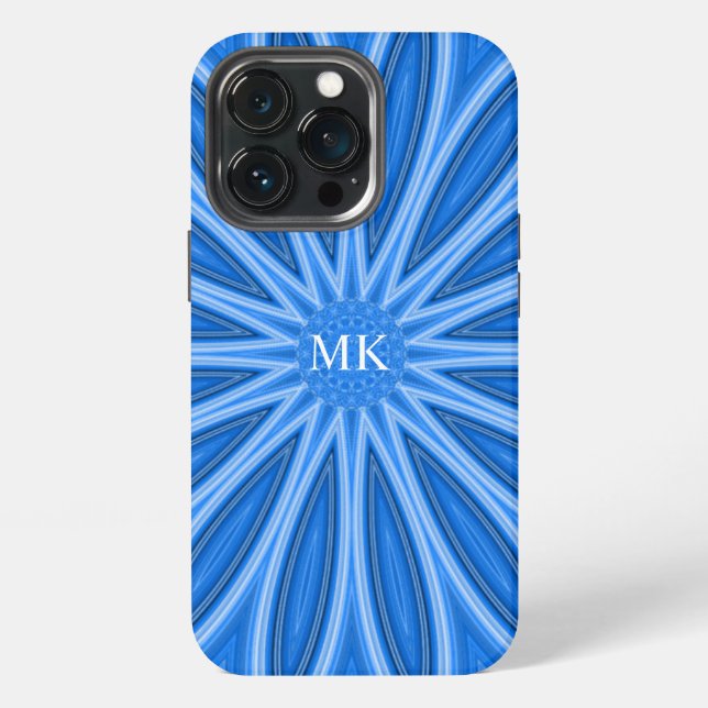 Modernes blaues Monogramm-Blumen-Designmuster iPhone Hülle (Hinten)
