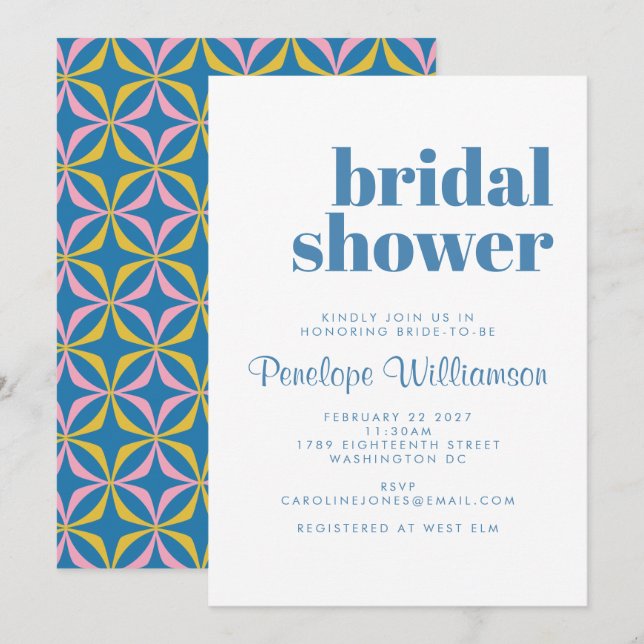 Modernes Blaues Muster Retro Typografie-Brautparty Einladung (Vorne/Hinten)