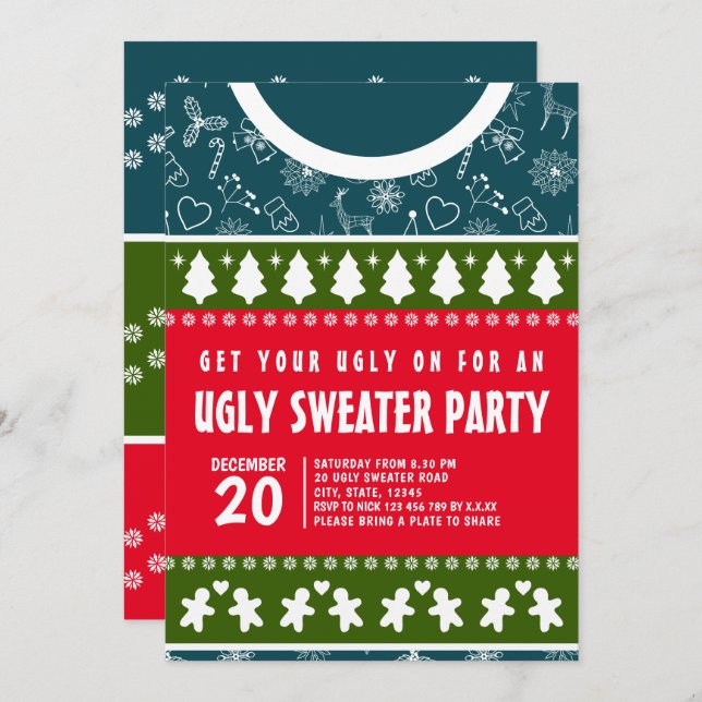 Modernes, blaues Rot und grünes Ugly Sweater Xmas  Einladung (Vorne/Hinten)