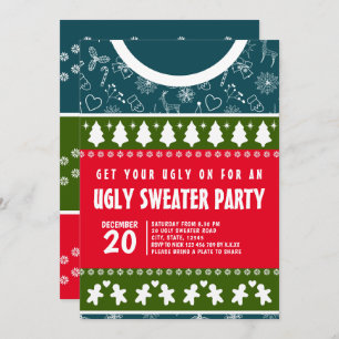 Modernes, blaues Rot und grünes Ugly Sweater Xmas  Einladung
